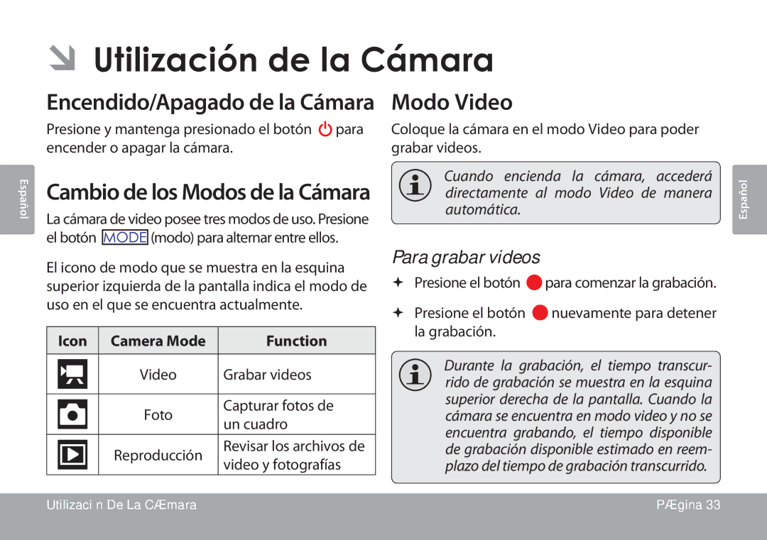 COBY electronic CAM3001 instruction manual ÂÂUtilización de la Cámara, Modo Video, Para grabar videos 