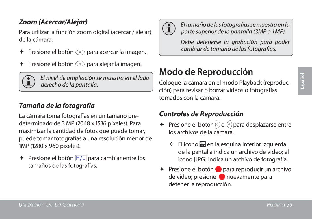 COBY electronic CAM3001 instruction manual Modo de Reproducción, Tamaño de la fotografía, Controles de Reproducción 