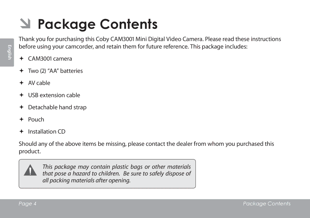 COBY electronic CAM3001 instruction manual ÂÂPackage Contents 