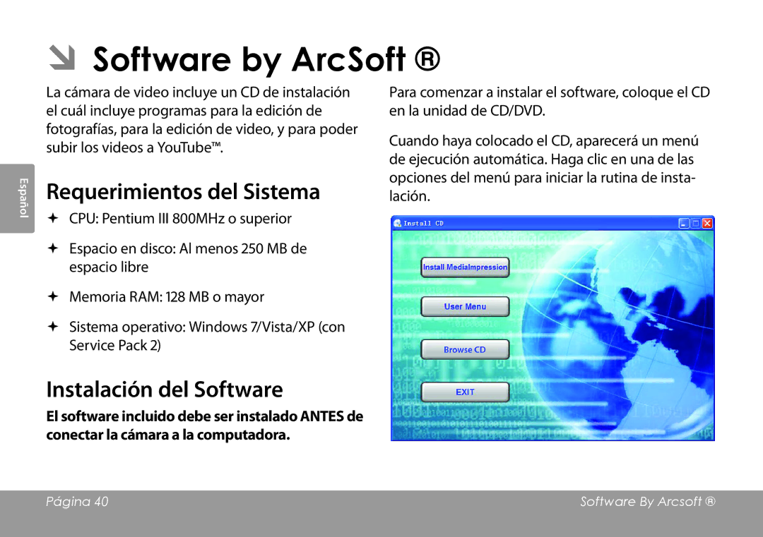 COBY electronic CAM3001 instruction manual Requerimientos del Sistema, Instalación del Software 