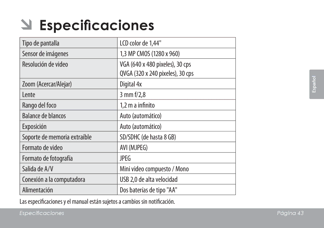 COBY electronic CAM3001 instruction manual ÂÂEspecificaciones 