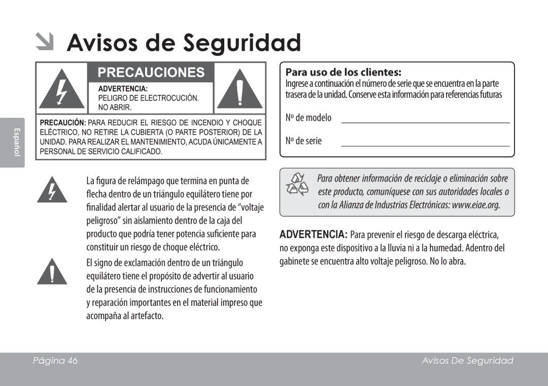 COBY electronic CAM3001 instruction manual ÂÂAvisos de Seguridad, Nº de modelo Nº de serie 