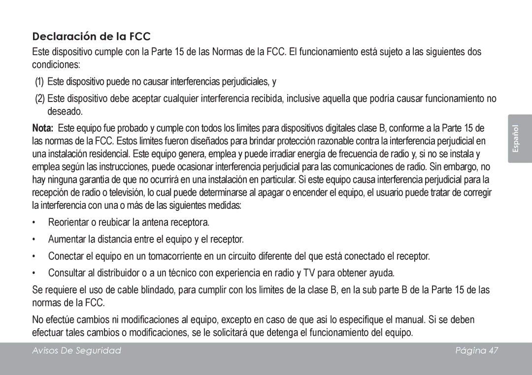 COBY electronic CAM3001 instruction manual Declaración de la FCC 