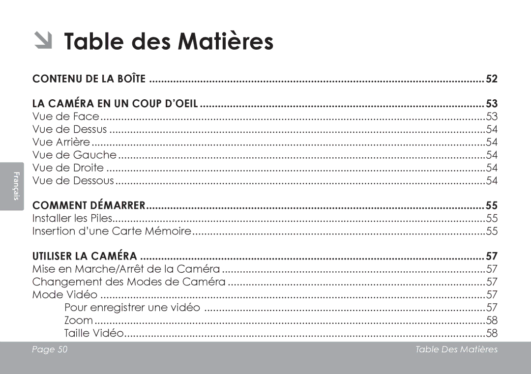 COBY electronic CAM3001 ÂÂTable des Matières, Contenu de la boîte La Caméra en un coup d’oeil, Comment Démarrer 