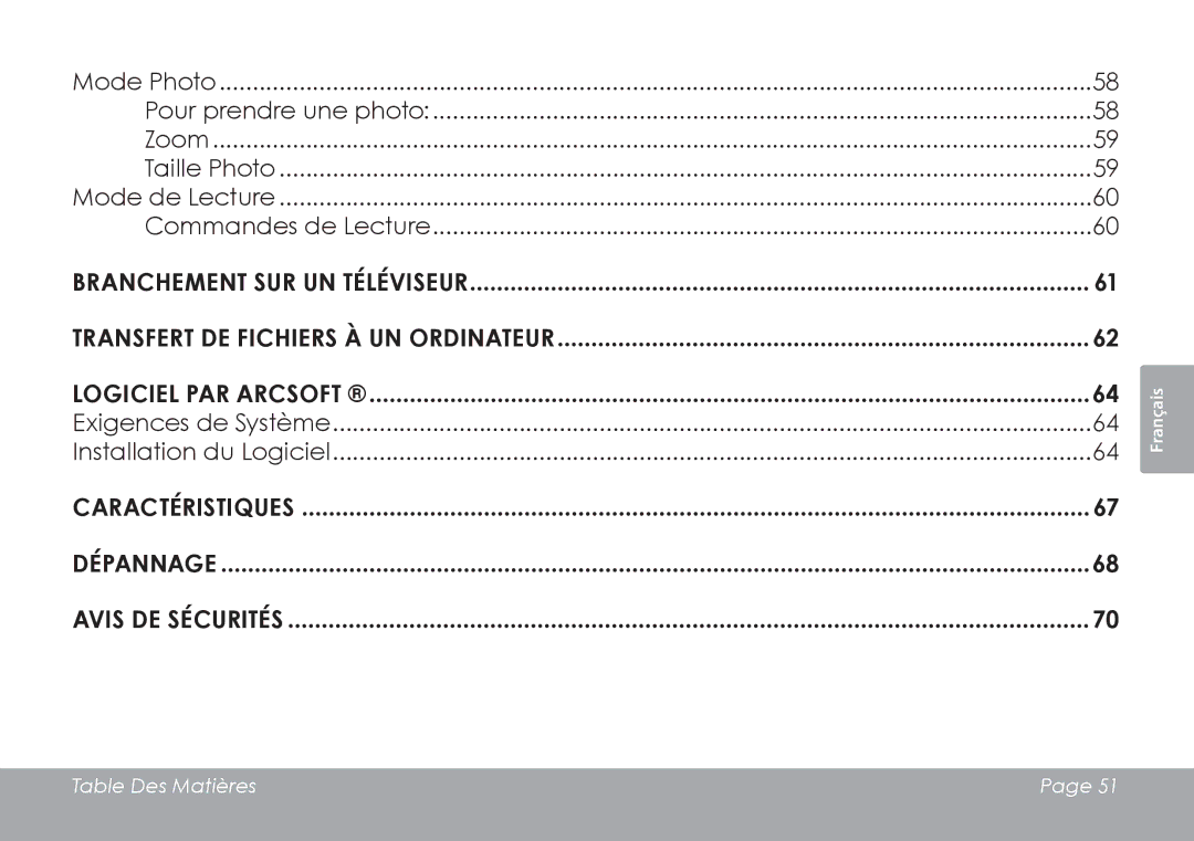 COBY electronic CAM3001 instruction manual Caractéristiques Dépannage Avis de Sécurités 