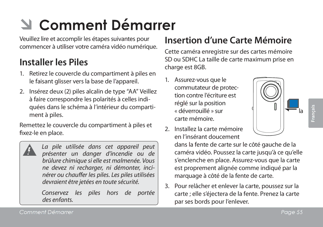 COBY electronic CAM3001 instruction manual ÂÂComment Démarrer, Installer les Piles, Insertion d’une Carte Mémoire 