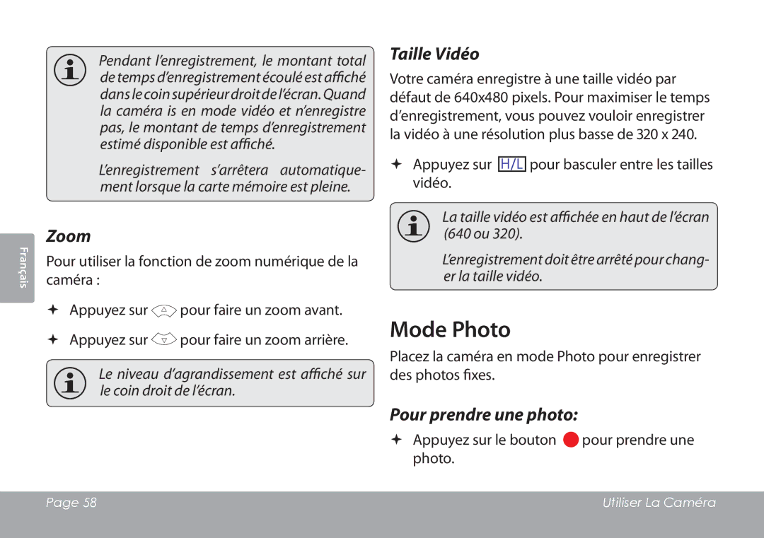 COBY electronic CAM3001 instruction manual Mode Photo, Taille Vidéo, Pour prendre une photo 