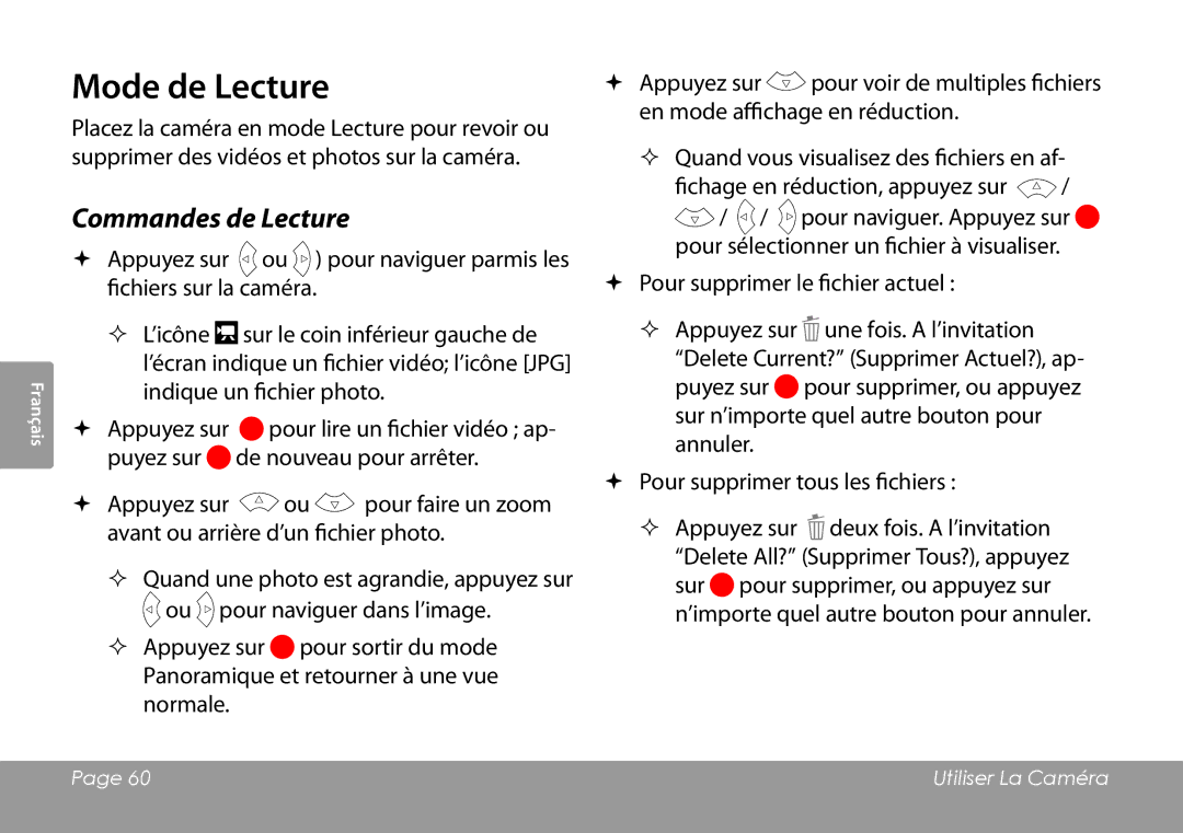 COBY electronic CAM3001 instruction manual Mode de Lecture, Commandes de Lecture 