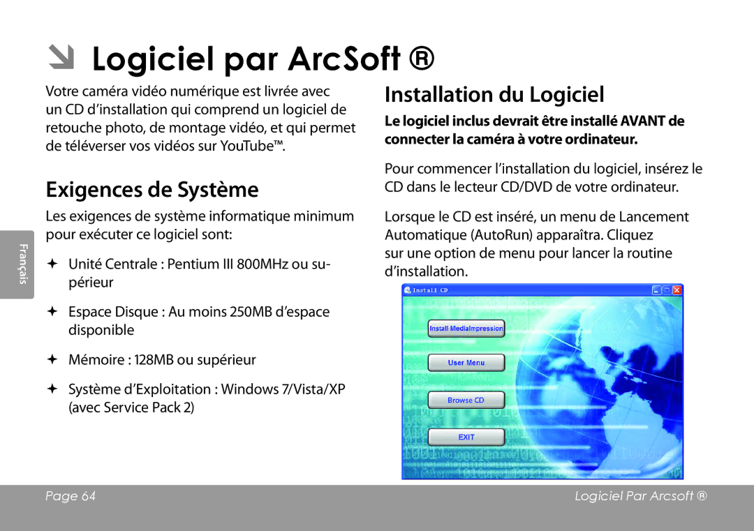 COBY electronic CAM3001 instruction manual ÂÂLogiciel par ArcSoft, Exigences de Système, Installation du Logiciel 