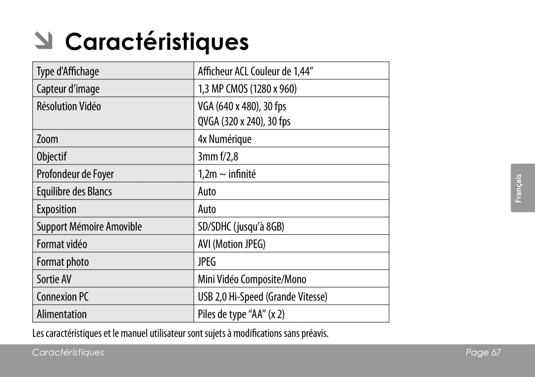 COBY electronic CAM3001 instruction manual ÂÂCaractéristiques, Alimentation Piles de type AA x 