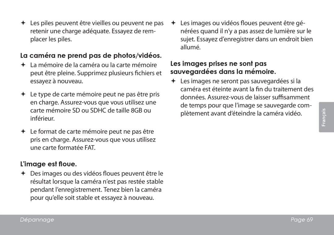 COBY electronic CAM3001 instruction manual La caméra ne prend pas de photos/vidéos, ’image est floue 