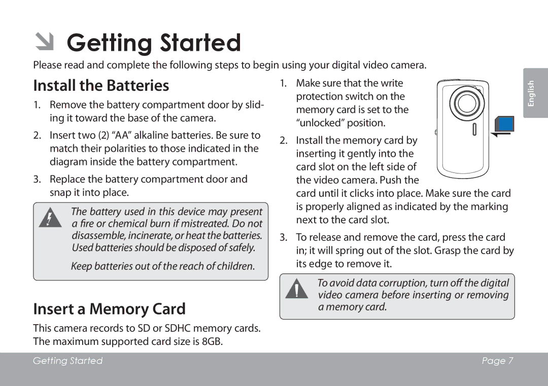 COBY electronic CAM3001 instruction manual ÂÂGetting Started, Install the Batteries, Insert a Memory Card 