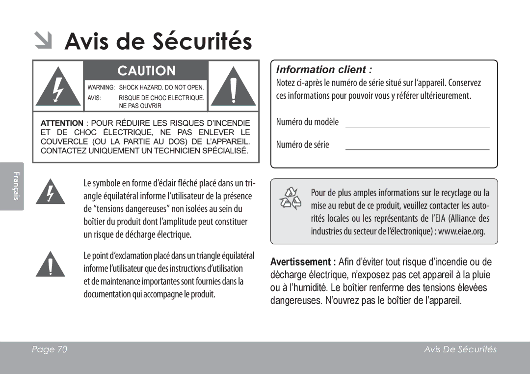 COBY electronic CAM3001 ÂÂAvis de Sécurités, Un risque de décharge électrique, Numéro du modèle Numéro de série 