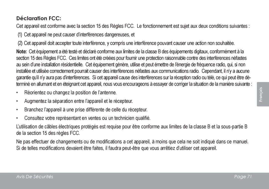 COBY electronic CAM3001 instruction manual Déclaration FCC 