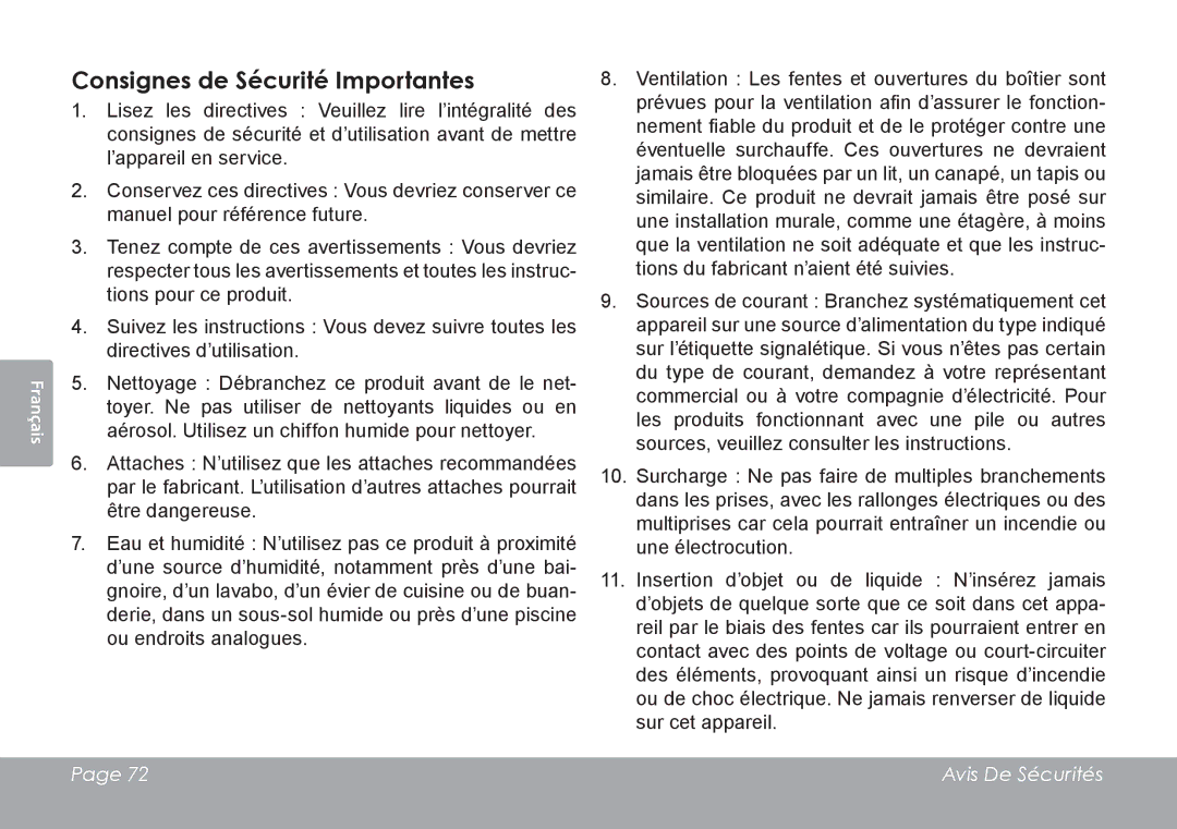 COBY electronic CAM3001 instruction manual Consignes de Sécurité Importantes 