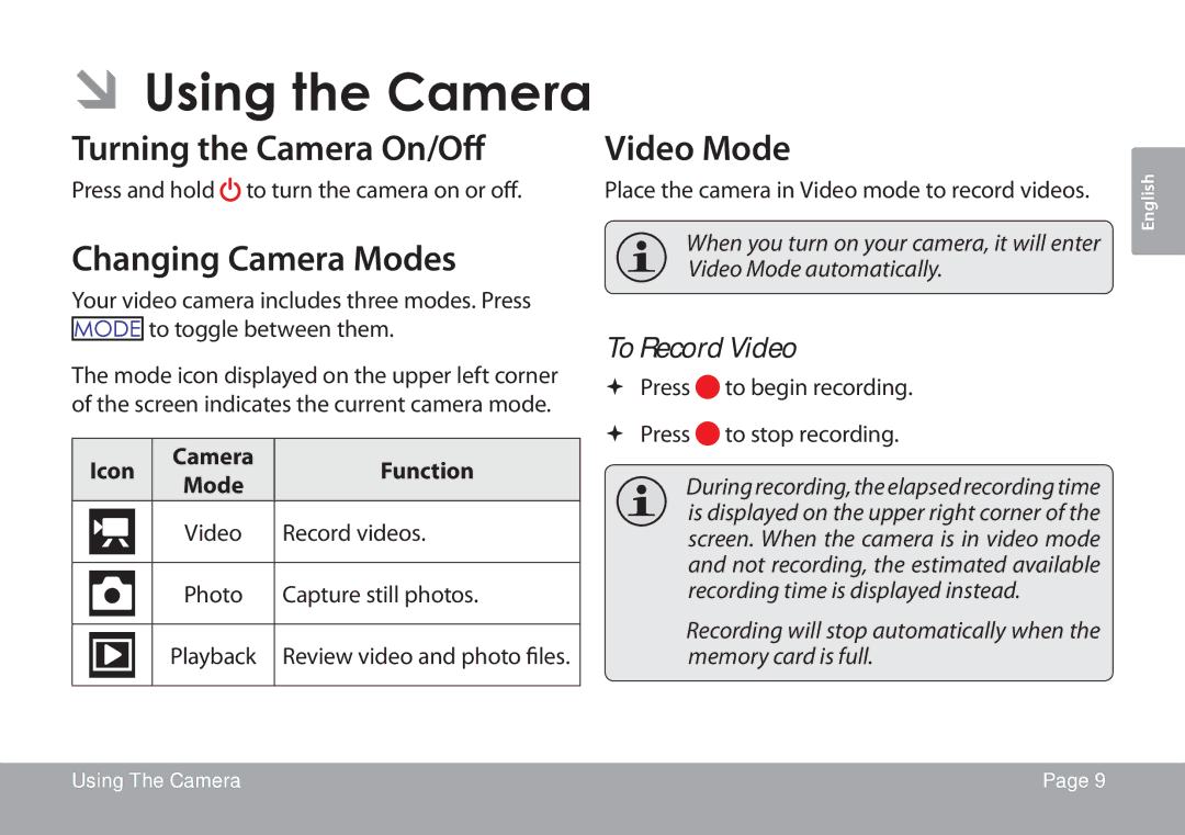 COBY electronic CAM3001 instruction manual Turning the Camera On/Off, Changing Camera Modes, Video Mode, To Record Video 