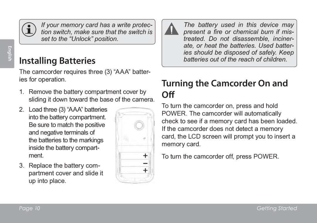 COBY electronic CAM3005 instruction manual Installing Batteries, Turning the Camcorder On Off 