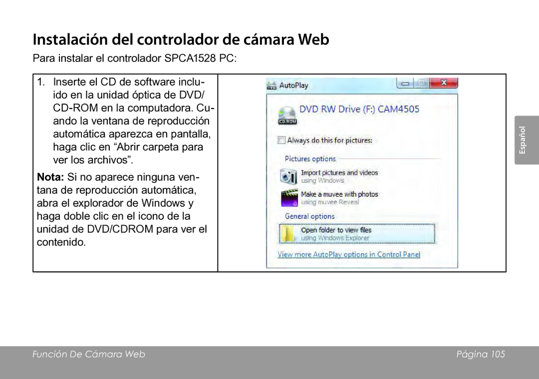 COBY electronic CAM3005 instruction manual Instalación del controlador de cámara Web 