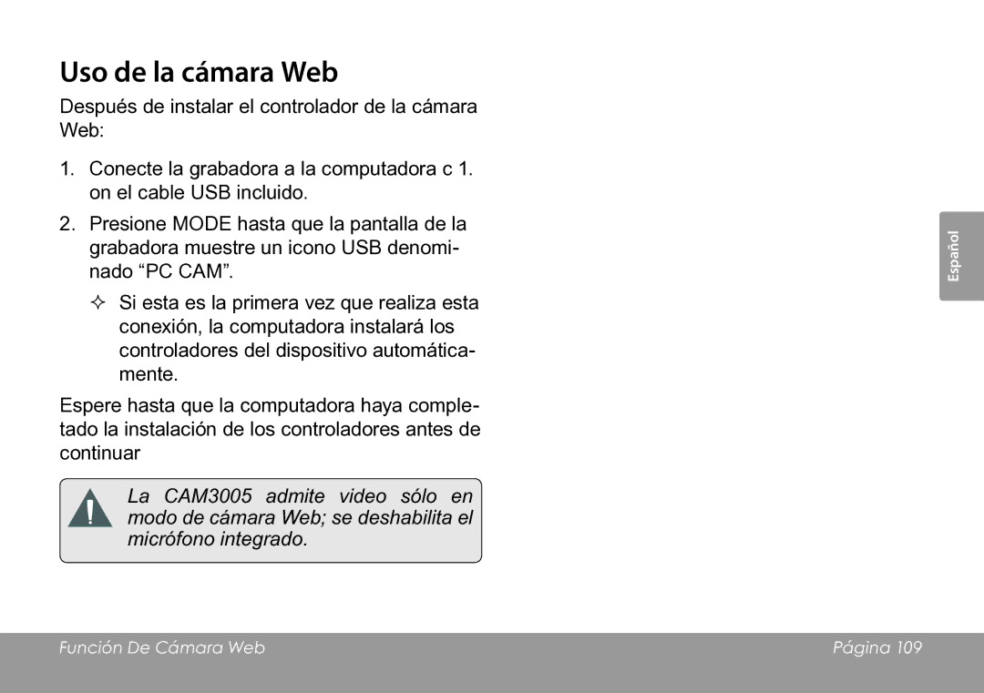 COBY electronic CAM3005 instruction manual Uso de la cámara Web 