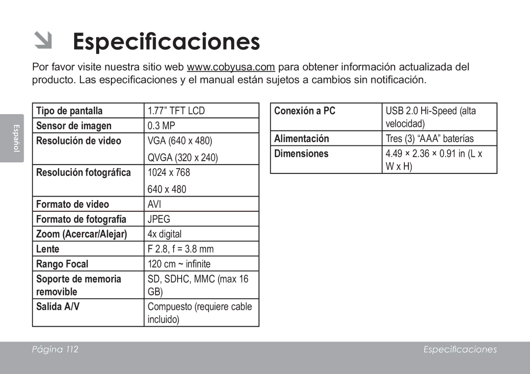 COBY electronic CAM3005 instruction manual ÂÂ Especificaciones 