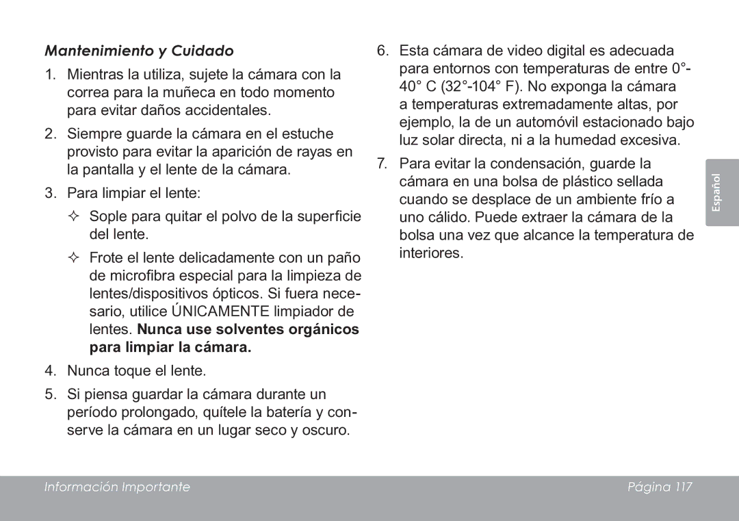 COBY electronic CAM3005 instruction manual Mantenimiento y Cuidado 