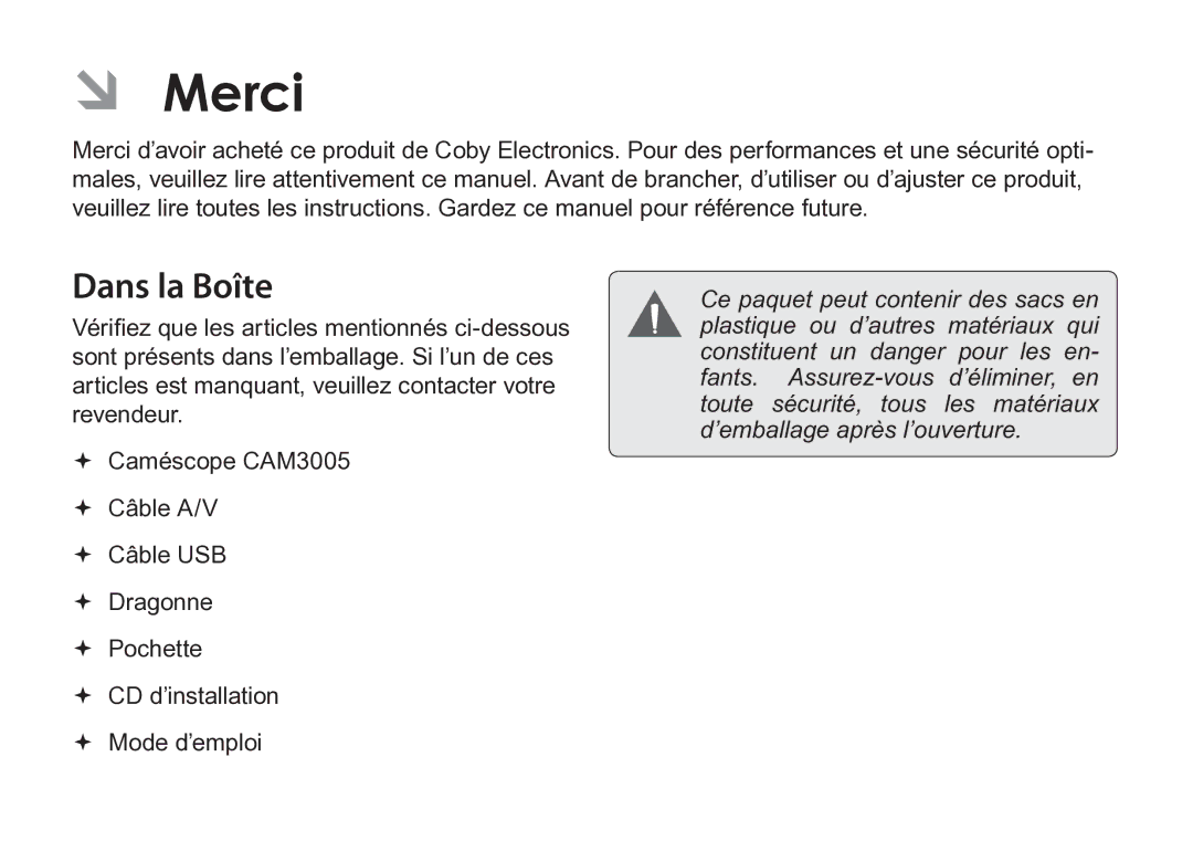 COBY electronic CAM3005 instruction manual ÂÂ Merci, Dans la Boîte 