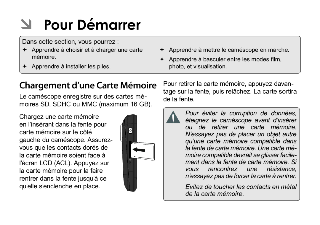 COBY electronic CAM3005 instruction manual ÂÂ Pour Démarrer, Dans cette section, vous pourrez 