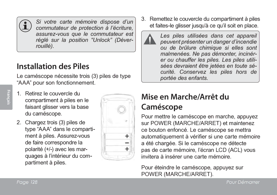 COBY electronic CAM3005 instruction manual Installation des Piles, Mise en Marche/Arrêt du Caméscope 