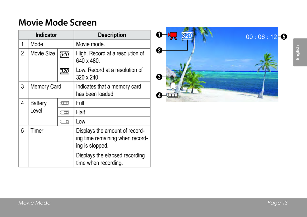 COBY electronic CAM3005 instruction manual Movie Mode Screen, Indicator Description 