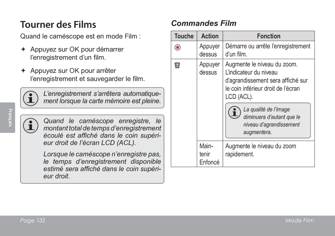 COBY electronic CAM3005 instruction manual Tourner des Films, Touche Action Fonction 