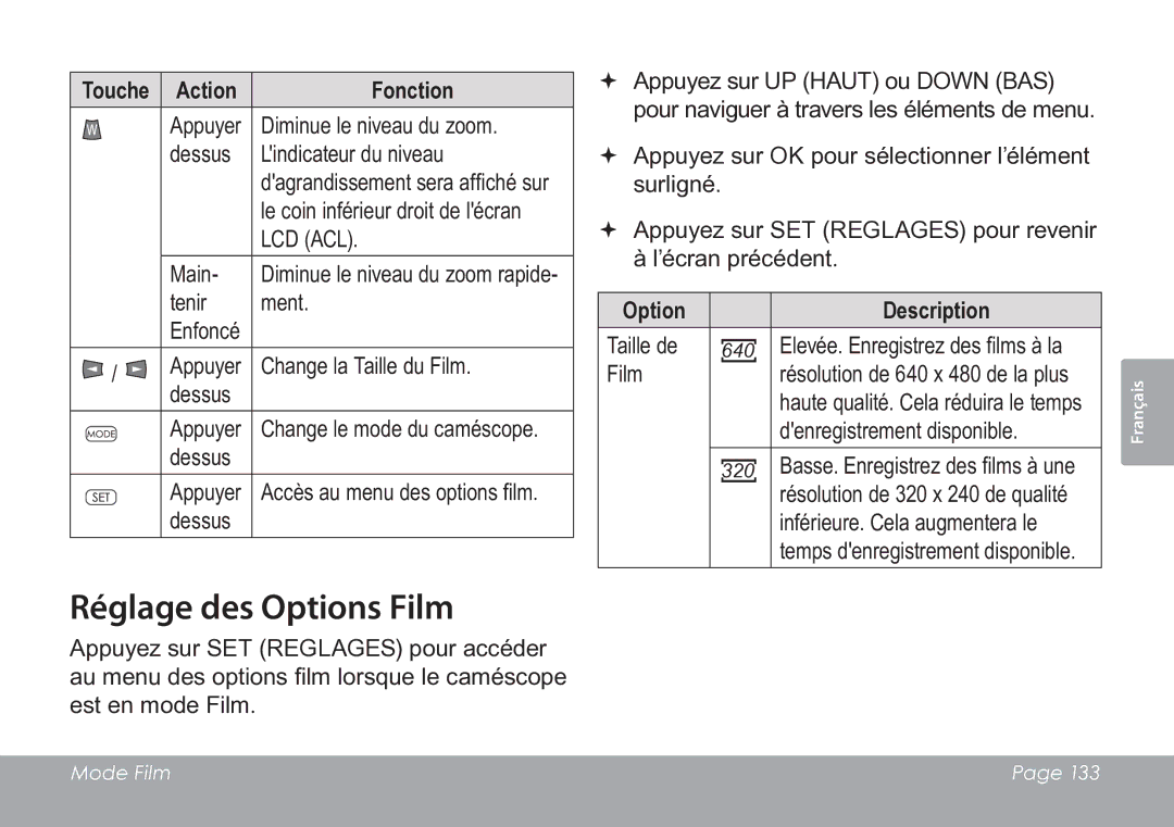 COBY electronic CAM3005 instruction manual Réglage des Options Film, Option Description 