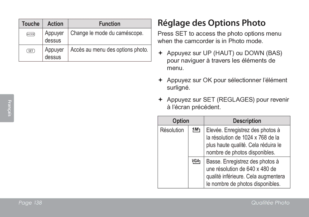 COBY electronic CAM3005 instruction manual Réglage des Options Photo, Touche Action Function 