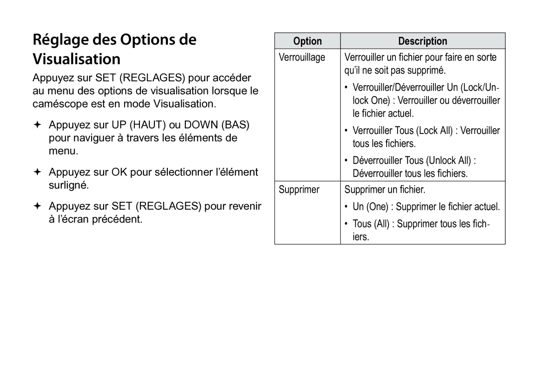 COBY electronic CAM3005 instruction manual Réglage des Options de Visualisation, Option Description 