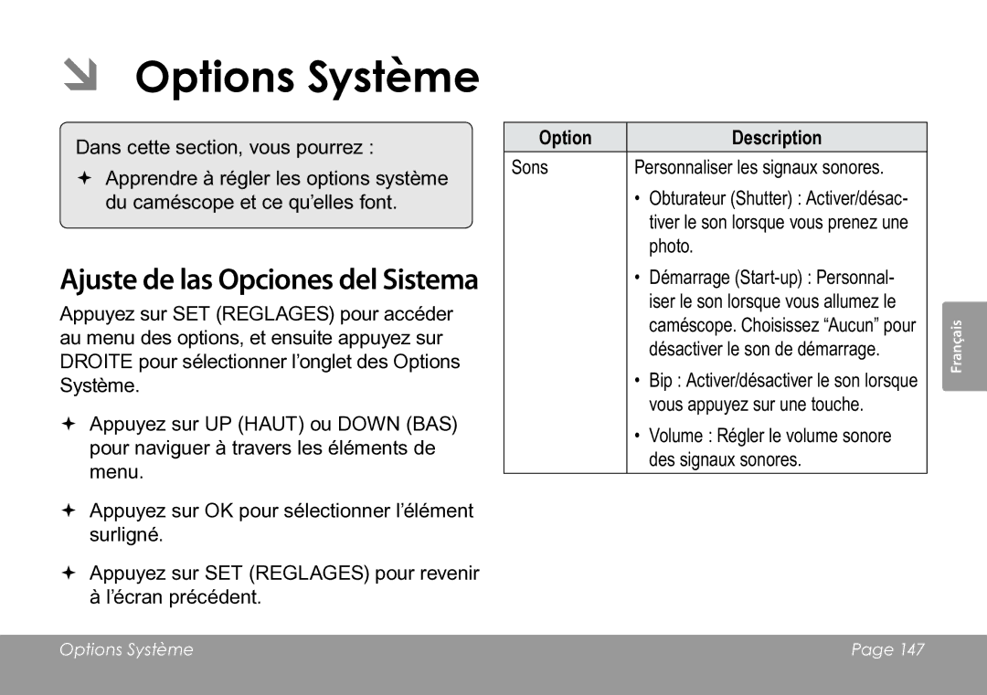 COBY electronic CAM3005 instruction manual ÂÂ Options Système, Ajuste de las Opciones del Sistema 