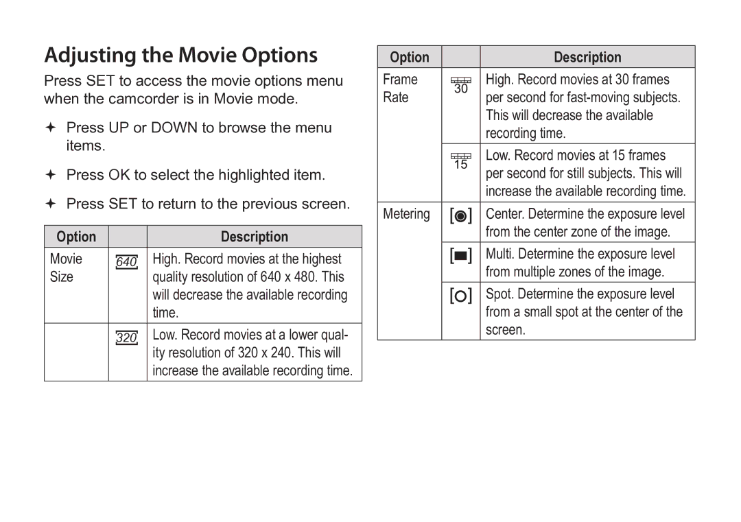 COBY electronic CAM3005 instruction manual Adjusting the Movie Options, Option Description 