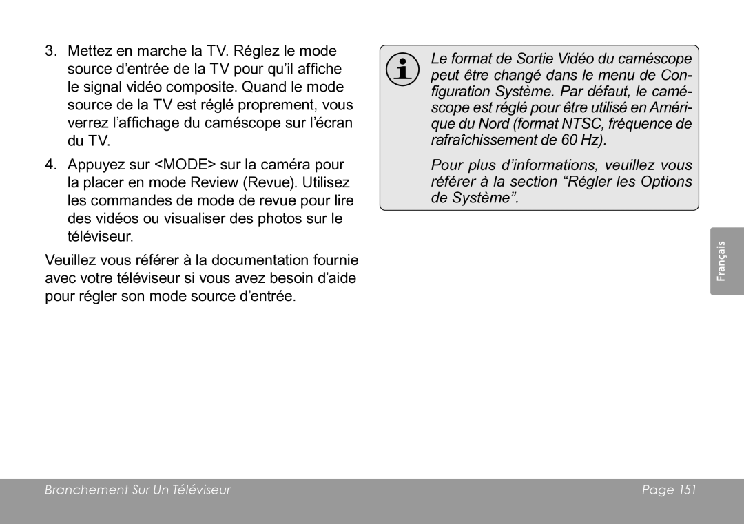 COBY electronic CAM3005 instruction manual Branchement Sur Un Téléviseur 