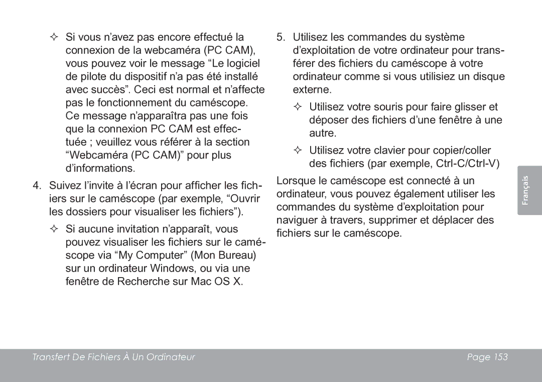 COBY electronic CAM3005 instruction manual Transfert De Fichiers À Un Ordinateur 