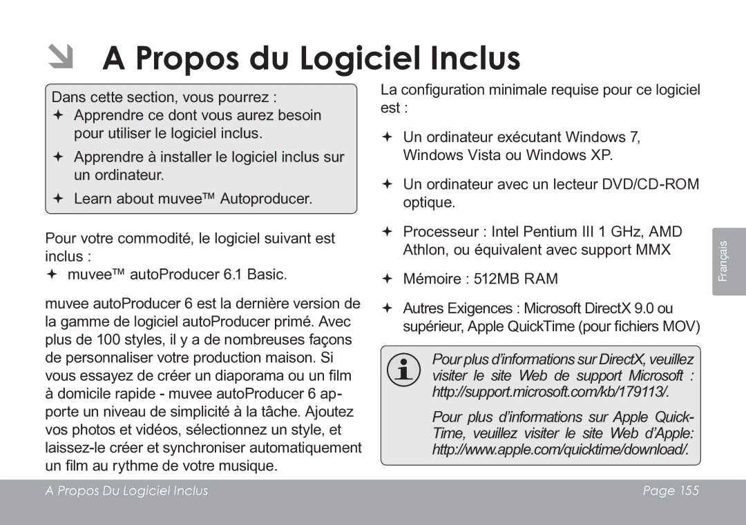 COBY electronic CAM3005 instruction manual ÂÂ a Propos du Logiciel Inclus 