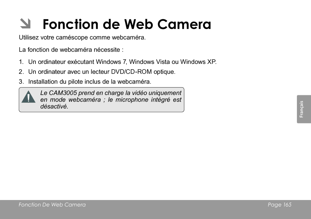 COBY electronic CAM3005 instruction manual ÂÂ Fonction de Web Camera 