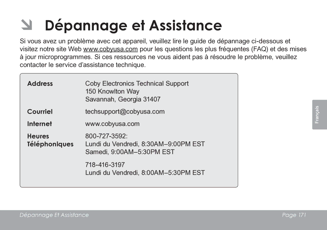 COBY electronic CAM3005 instruction manual ÂÂ Dépannage et Assistance, Internet Heures Téléphoniques 