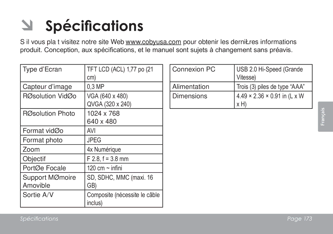 COBY electronic CAM3005 instruction manual ÂÂ Spécifications 