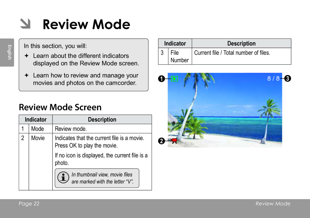 COBY electronic CAM3005 instruction manual ÂÂ Review Mode, Review Mode Screen 