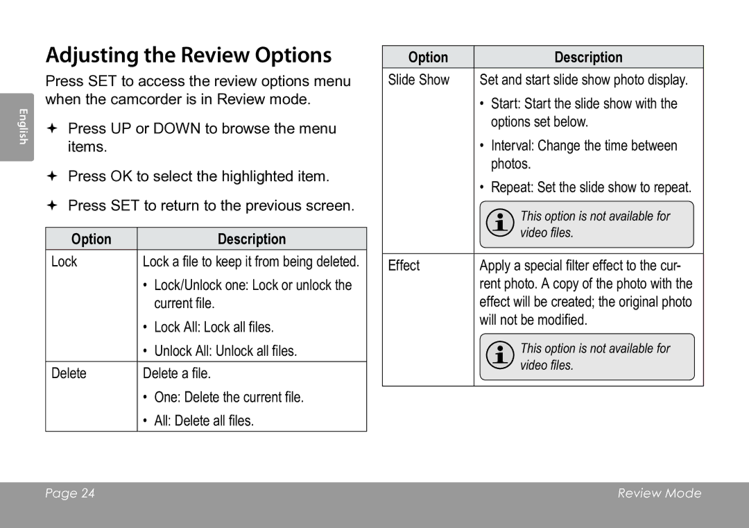 COBY electronic CAM3005 instruction manual Adjusting the Review Options, Option Description 