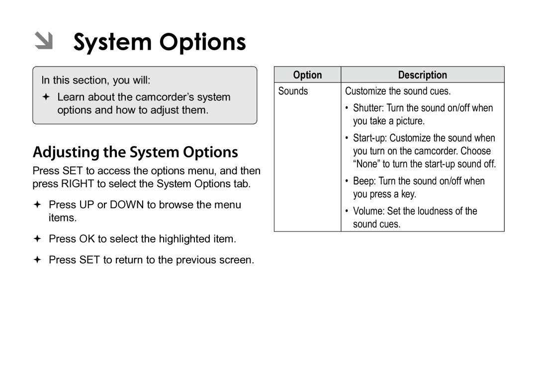 COBY electronic CAM3005 instruction manual ÂÂ System Options, Adjusting the System Options 