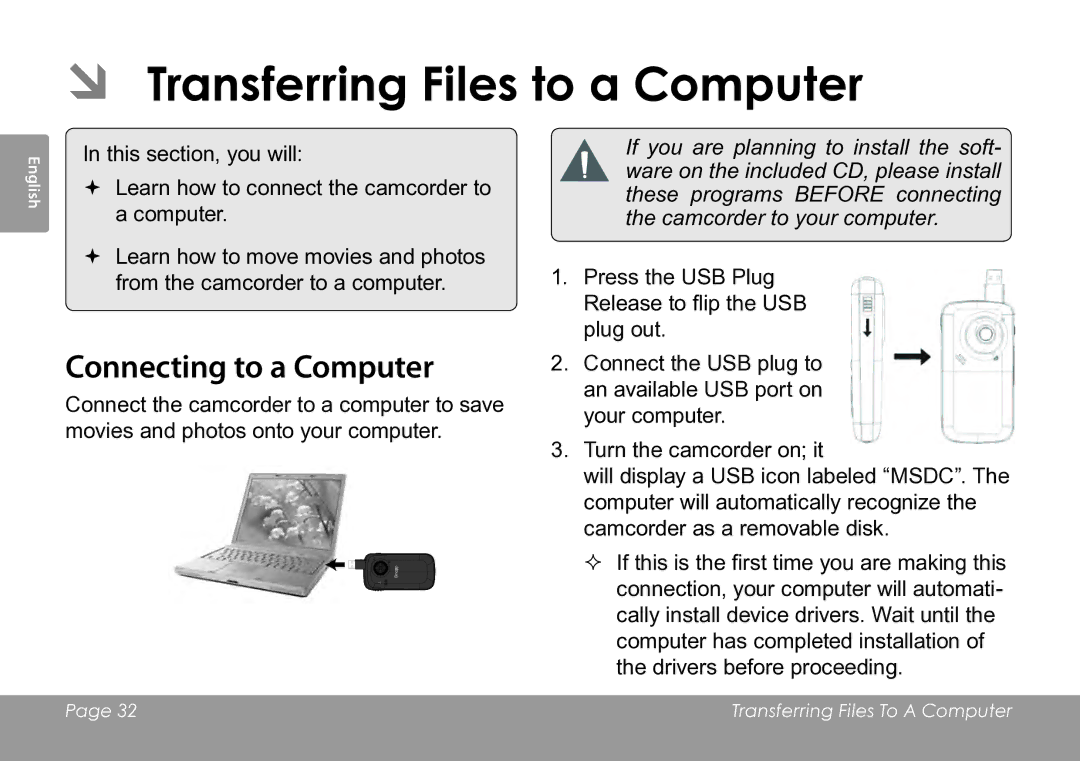 COBY electronic CAM3005 instruction manual ÂÂ Transferring Files to a Computer, Connecting to a Computer 