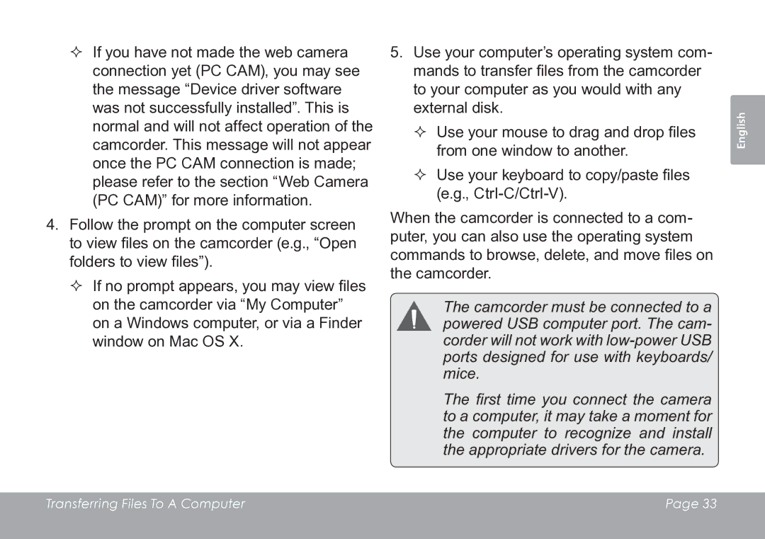 COBY electronic CAM3005 instruction manual Transferring Files To a Computer 