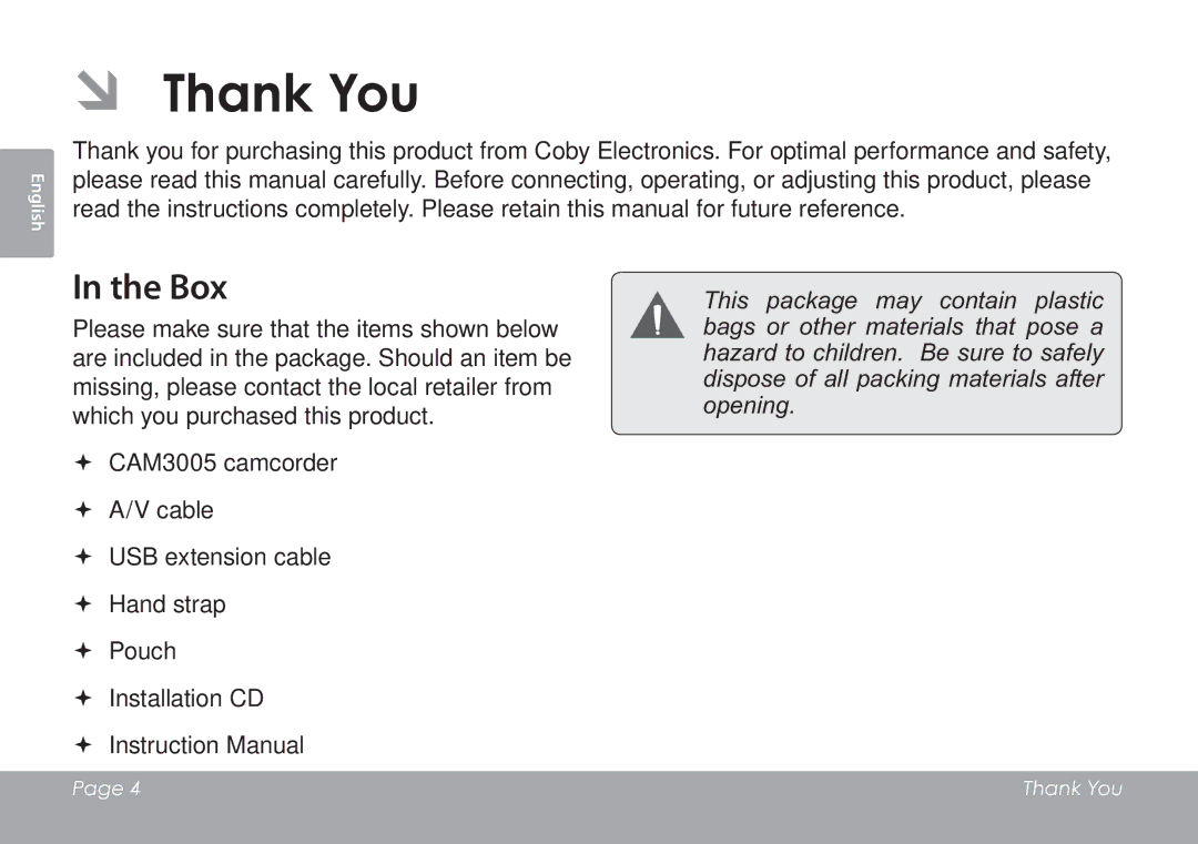 COBY electronic CAM3005 instruction manual ÂÂ Thank You, Box 