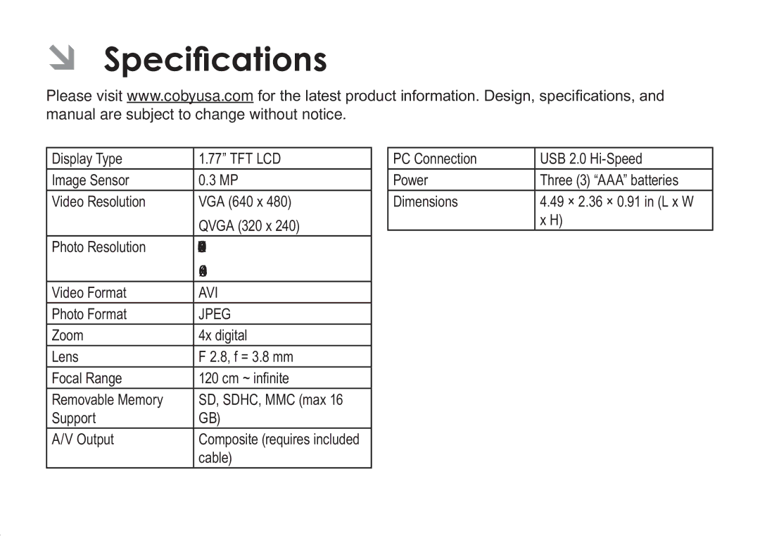 COBY electronic CAM3005 instruction manual ÂÂ Specifications, Jpeg 