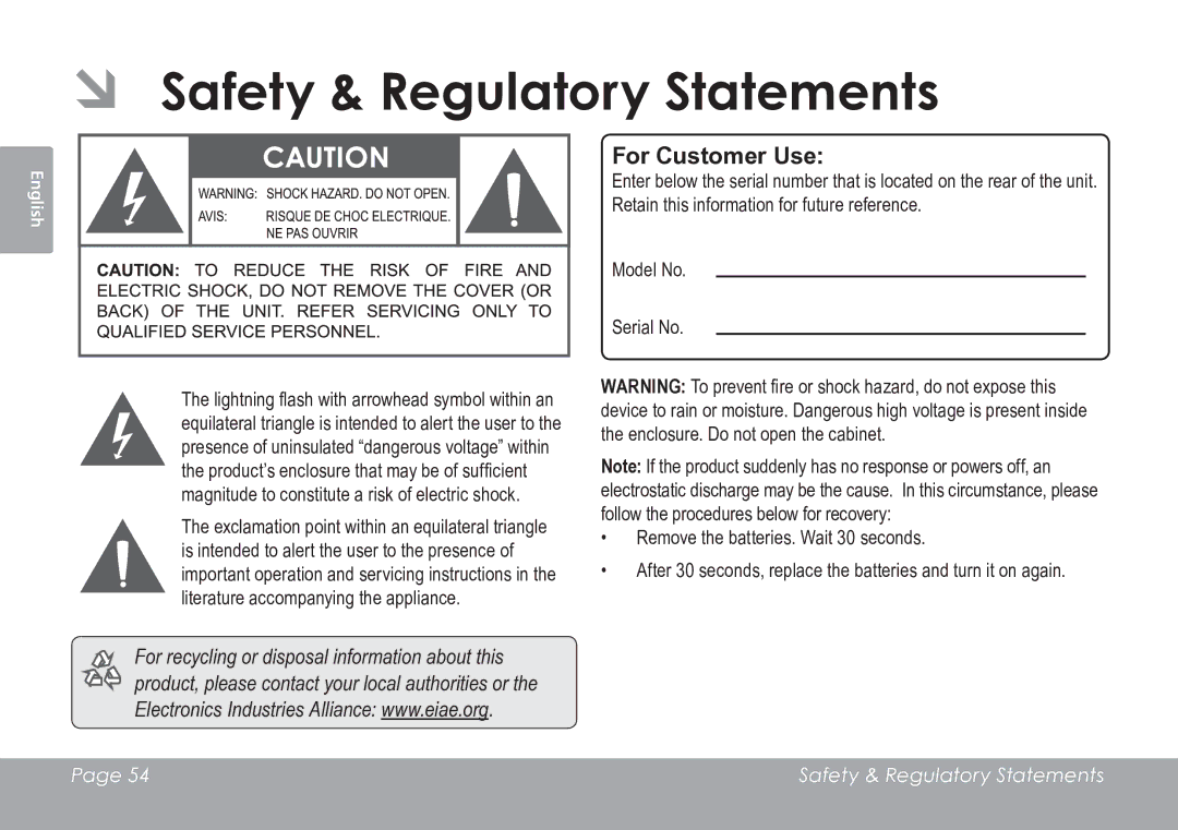 COBY electronic CAM3005 instruction manual ÂÂ Safety & Regulatory Statements, For Customer Use 