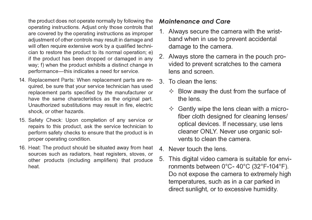 COBY electronic CAM3005 instruction manual Maintenance and Care 